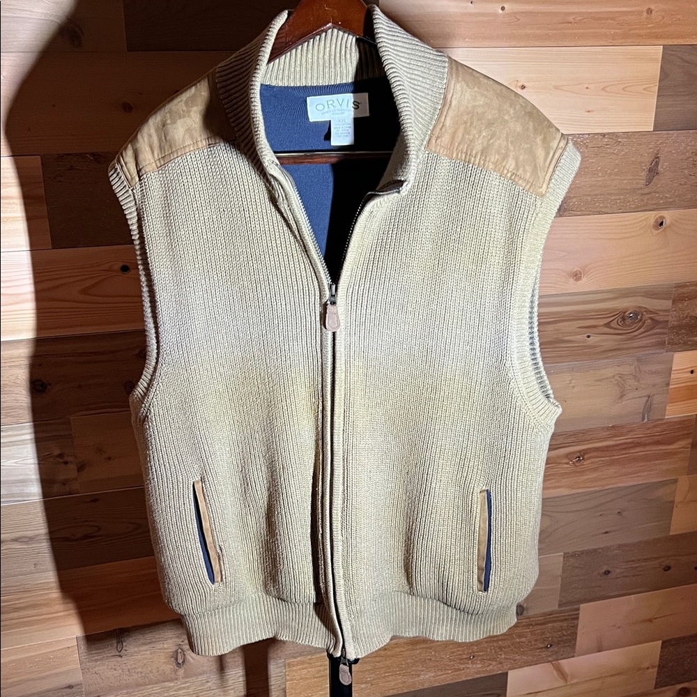 Orvis Tan Heavy Knit Vest with Suede Details